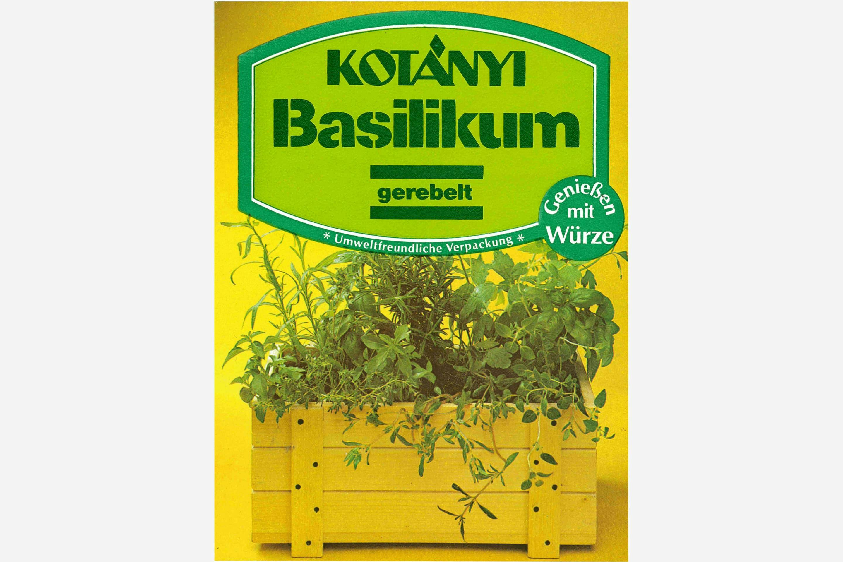Безпечний для довкілля пакетик із базиліком Kotányi, 1980-ті рр.